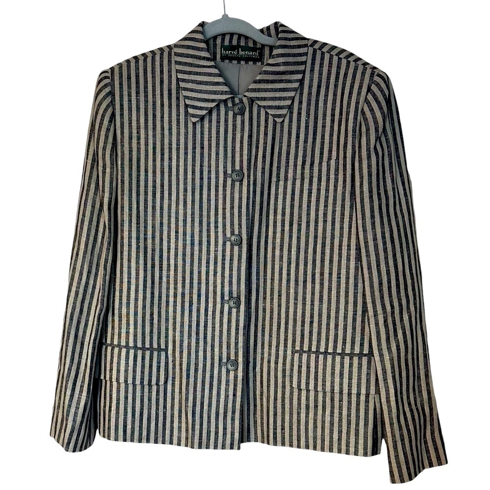 Harve Benard Vtg. Blazer Striped Tan & Gray Linen Feeling Nautical Lined Size XL